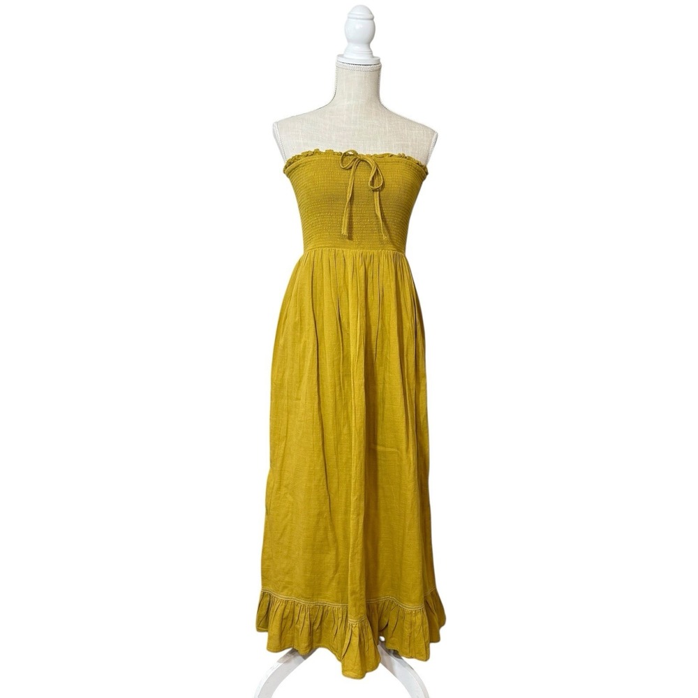 Urban Outfitters Penny Smocked Midi Dress Strapless Yellow Ruffle‎ Cotton Sz M